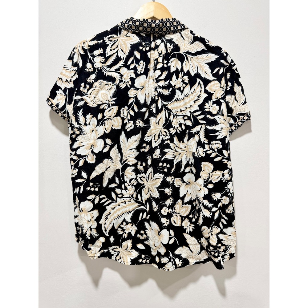 Hester & Orchard Linen Blend Floral Button Up Shirt Black Tan XL Short Sleeve - Picture 2 of 4